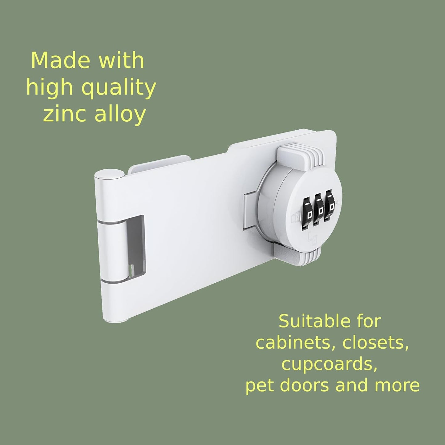 Keyless Combination Lock - 3-Digit Combination Lock for Doors - Twist Knob Hasp Latch Lock with Password Code - Zinc Alloy Door Latch for Kitchen Drawers, Cabinets, Cupboard (White)