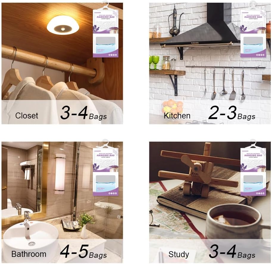 CANAGER Hanging Moisture Absorber, Lavender Vanilla Moistureproof Hanging Bag, Dehumidifier Bag (8 packs) Hanging Closet Dehumidifier Bags, Moisture Absorb 12.5 oz.