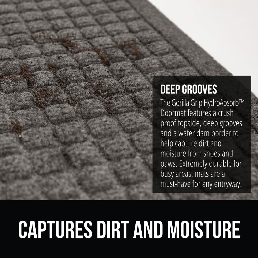 GORILLA GRIP Front Door Mat, 47x35, Indoor Outdoor Ultra Absorbent HydroAbsorb Doormat, Absorbs Up to 6 Cups of Water, Stain and Fade Resistant, Rubber Backing Doormats, Captures Dirt, Charcoal