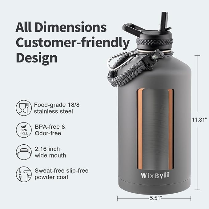 One Gallon Water Bottle Insulated, Triple Wall Vacuum Cold for 48 Hrs & Leak-proof & Non-BPA, 128oz Large Sports Stainless Steel Water Jug with Paracord Handle Straw Spout Lids & DIY Stickers