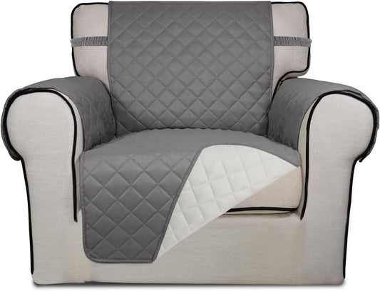 PureFit Reversible Quilted Sofa Cover, Water Resistant Slipcover Furniture Protector, Washable Couch Cover with Non Slip and Elastic Straps for Kids, Dogs, Pets (Chair, Gray/Ivory)