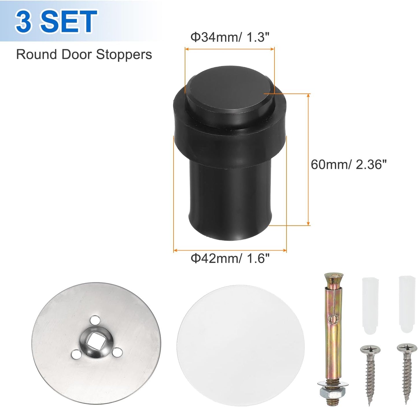 PATIKIL 3Set Round Door Stoppers, 60mm Stainless Steel Door Stop Doorstop Wedge Metal Cylinder Self Adhesive with Screw for Bottom of Door Floor Inside, Black