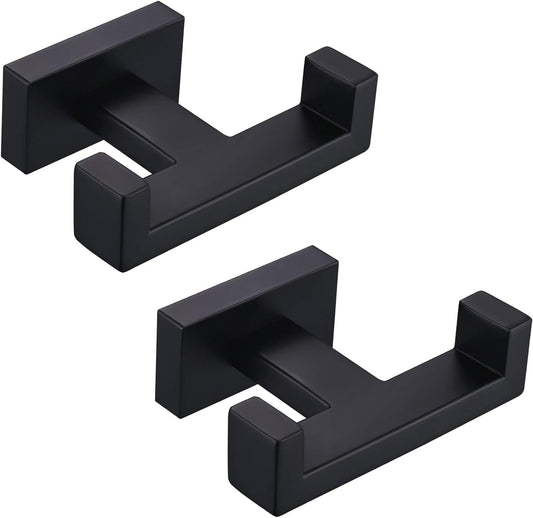 Angle Simple Bathroom Towel Hooks, Stainless Steel Shower Double Robe Coat Hooks for Wall, Matte Black, 2 Pack