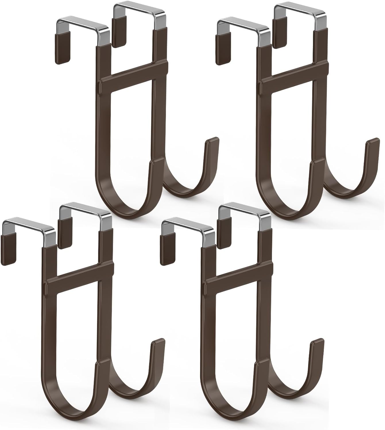 FYY Over The Door Hooks - 4 Pack Heavy Duty Dual-Hook Organizer Hanger with Non-Slip Rubber for Towels, Clothes, Hats & Bags Use in Bathroom, Bedroom, Kitchen - Fits Interior Doors Up to 1 3/8" Brown