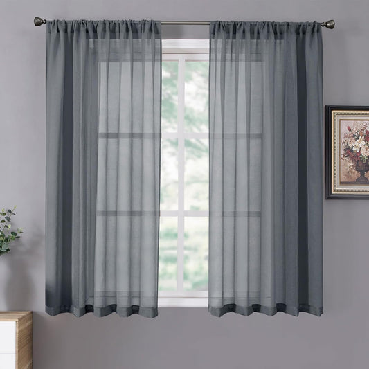 Tollpiz Sheer Curtains Linen Textured Bedroom Curtain Sheers Light Filtering Rod Pocket Voile Curtains for Living Room, 54 x 63 inches Long, Dark Grey, Set of 2 Panels