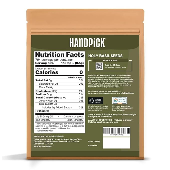 HANDPICK Holy Basil Seeds (397g/14oz) Gluten free, Raw Sabja, Tukmaria Seeds from India, Packed in Resealable Zip Lock Pouch