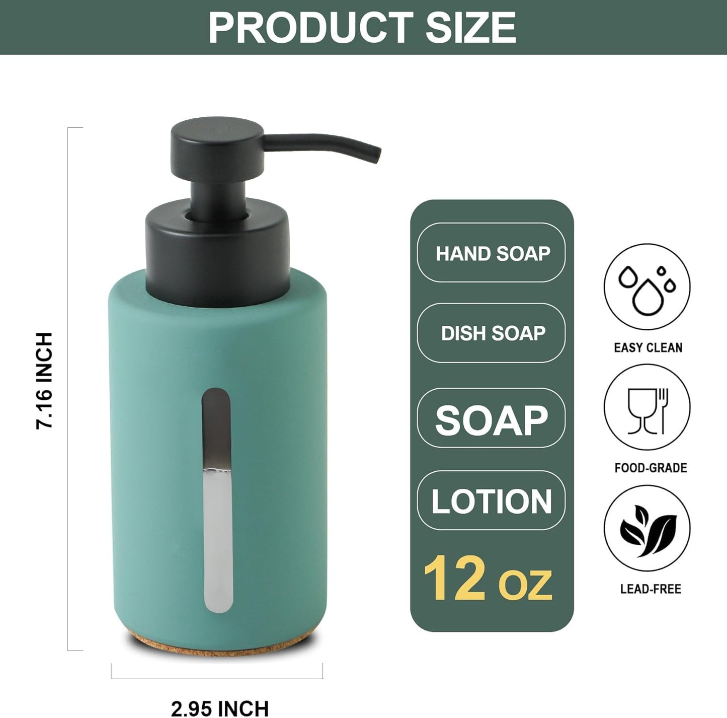 Enra Thick Glass Soap Dispenser with Clear Window,12oz Green Bathroom Soap Dispenser with Lotion Pump Hand Liquid Soap Dispenser Countertop Lotion Bottle for Bathroom(Green/Liquid Type)