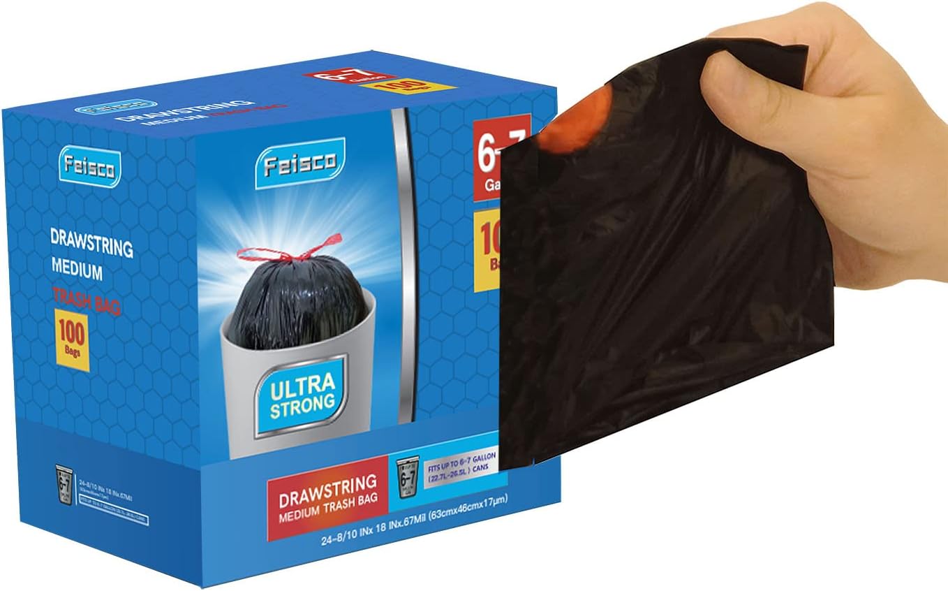 Feisco 6-7 Gallon Black Trash Bag,Medium Drawstring Garbage Bag Trash Can Liner,100 Counts,0.67 Mil