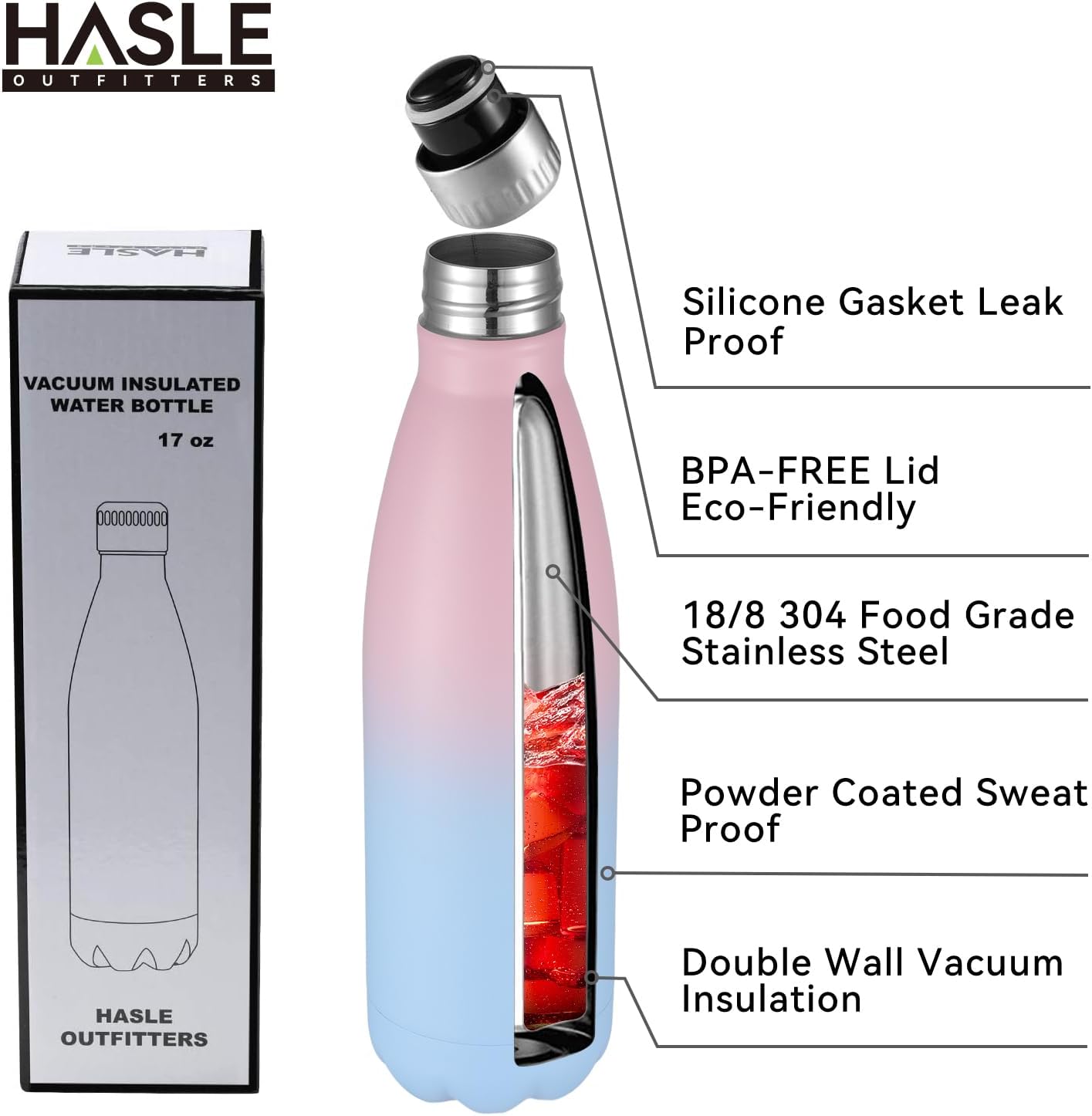 HASLE OUTFITTERS 17oz Stainless Steel Water Bottles Bulk, Vacuum Insulated Water Bottles Double Walled Reusable Metal Sports Water Bottles Keep Drinks Hot and Cold, Pink Blue, 8Packs