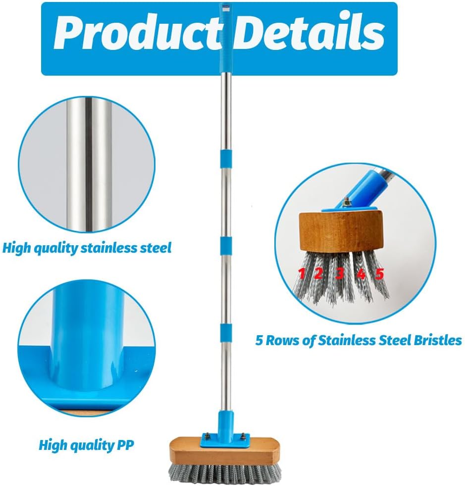 YONILL Stainless Steel Deck Scrub Brush with Long Handle - 60" Heavy Duty Floor Scrubber Brush with Pole, Moss Remover Wire Cleaning Brushes for Rough Surface, Concrete Floor, Patio, Garden, Garage