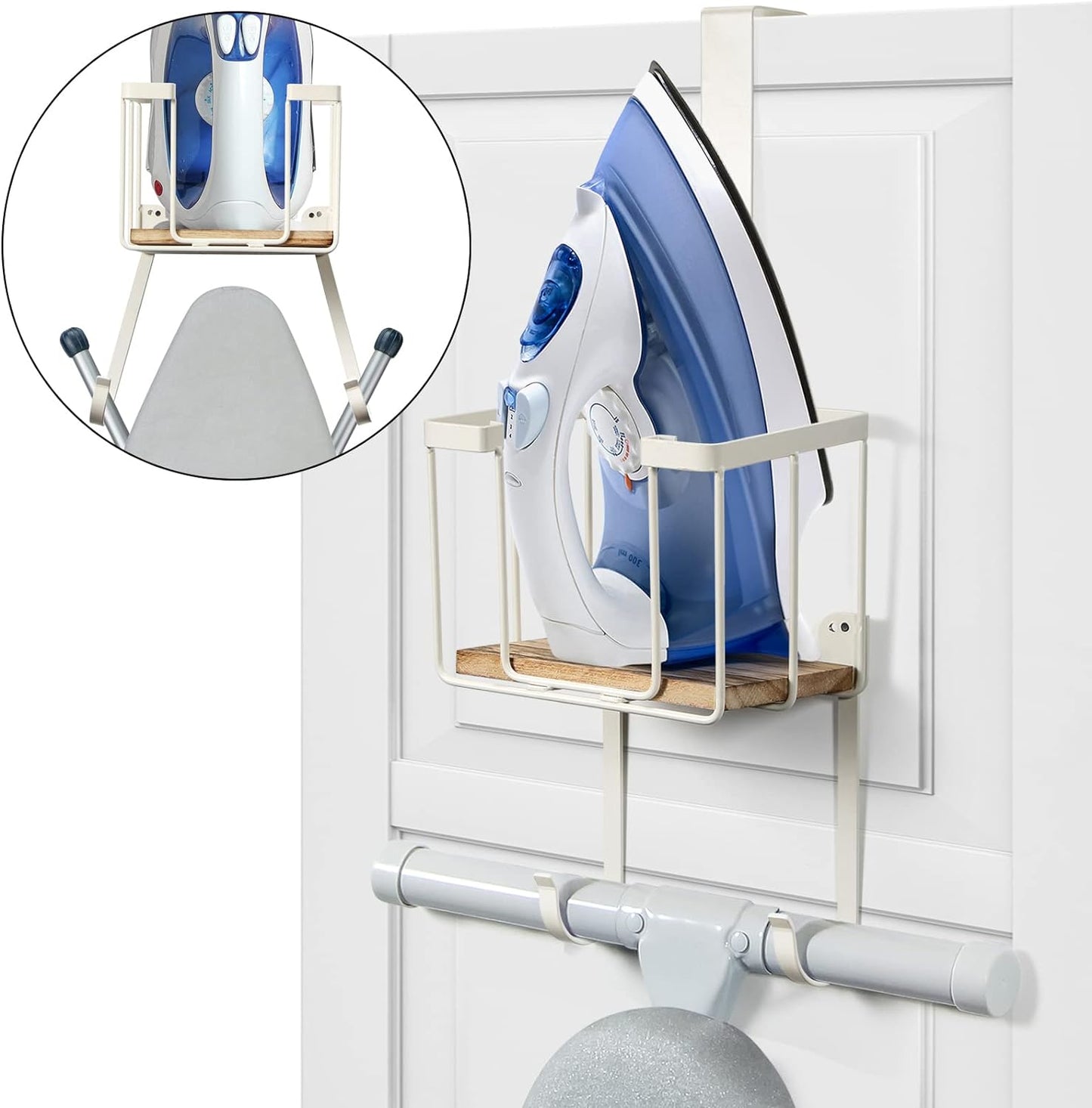 TJ.MOREE Over The Door/Wall Mount Ironing Board Hanger, Laundry Room Iron and Ironing Board Storage Holder, White
