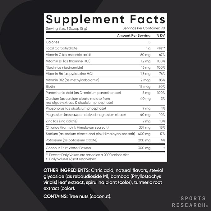 Sports Research® Hydrate Electrolytes Powder - Sugar-Free & Naturally Flavored with Vitamins, Minerals, and Coconut Water - Supports Hydration - Lemon Lime - 90 Servings