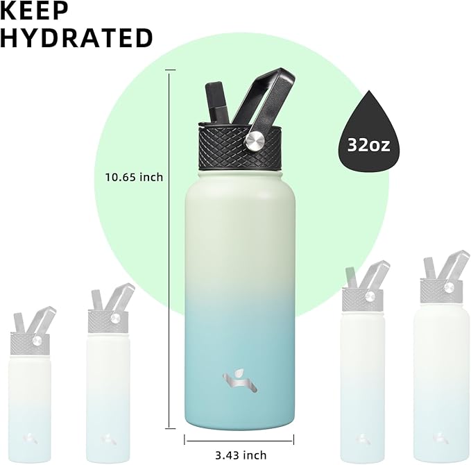 32 oz Insulated Water Bottle Stainless Steel Sport Bottles with 3 Lids,Mint