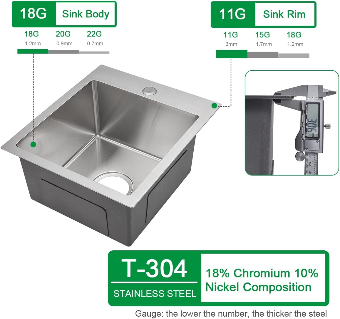 15x17 inch Bar Sink Drop in, Handmade 304 Stainless Steel Sink, 8" Deep Single Bowl, R10 Tight Radius, Topmount Installation, for Small Kitchen/RV/Bar Sink, Brushed