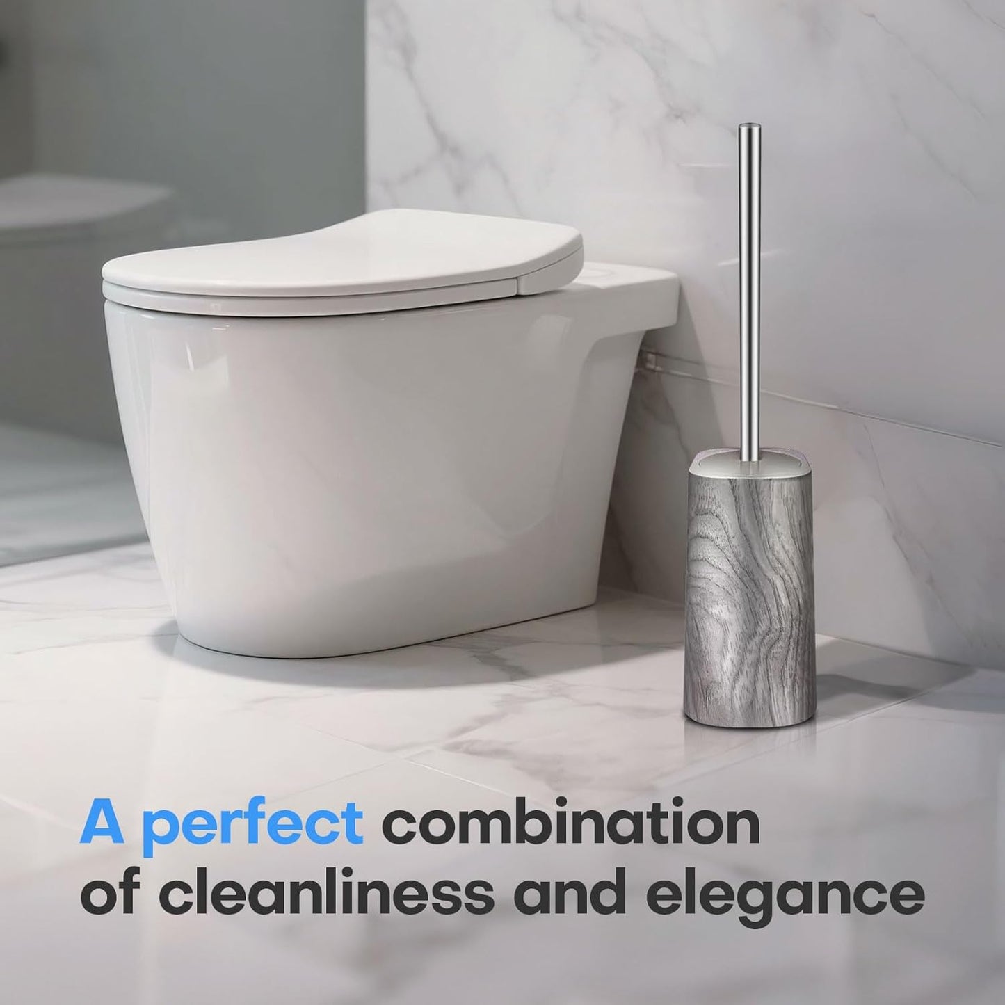 Marble Colored Toilet Brush and Holder Set,Stainless Steel Long Handle and Marble Colored Base for Bathroom Deep Cleaning，Space Saving for Storage，Drip-Proof，Grey