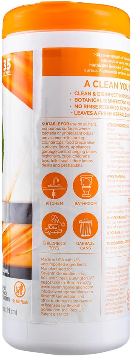 Seventh Generation Multi-Surface Disinfecting Wipes, Lemongrass Citrus, 8.1 oz, 35 Ct