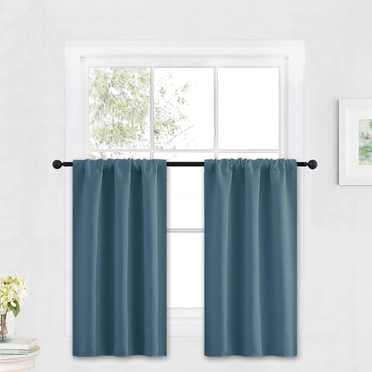 RYB HOME Small Curtains Blackout - Privacy Energy Efficiency Mini Curtains for Kids Bedroom RV Camper Windows Trailer Bathroom Kitchen Cabinet Door Window, W 29 x L 36, Slate Blue, 2 Panels