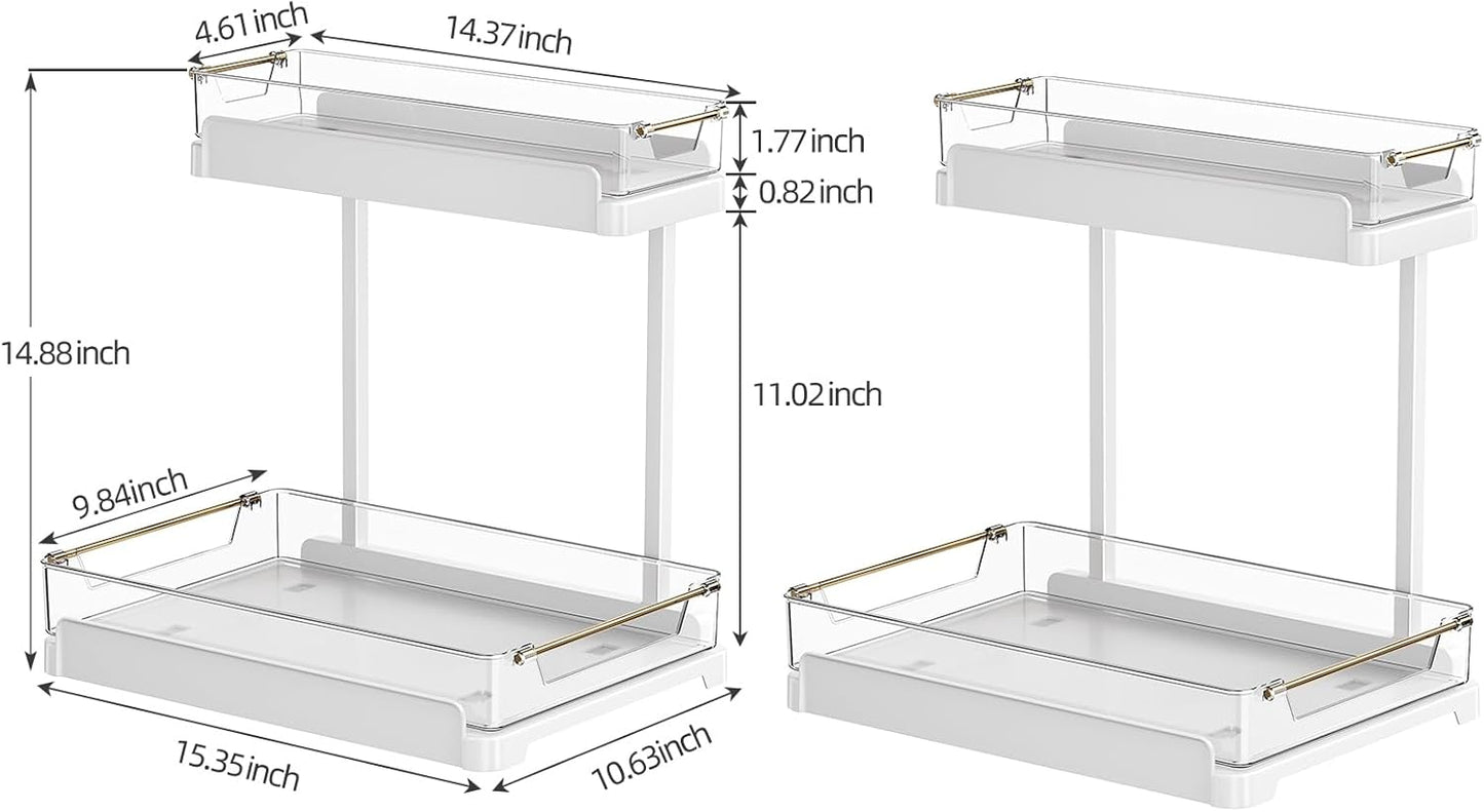heart & home 2-Pack Under Sink Storage Organizer for Kitchen & Bathroom Cabinets with Removable Washable Tray, Tool-Free Assembly – Multi-Purpose for Countertop, Laundry & Vanity, White