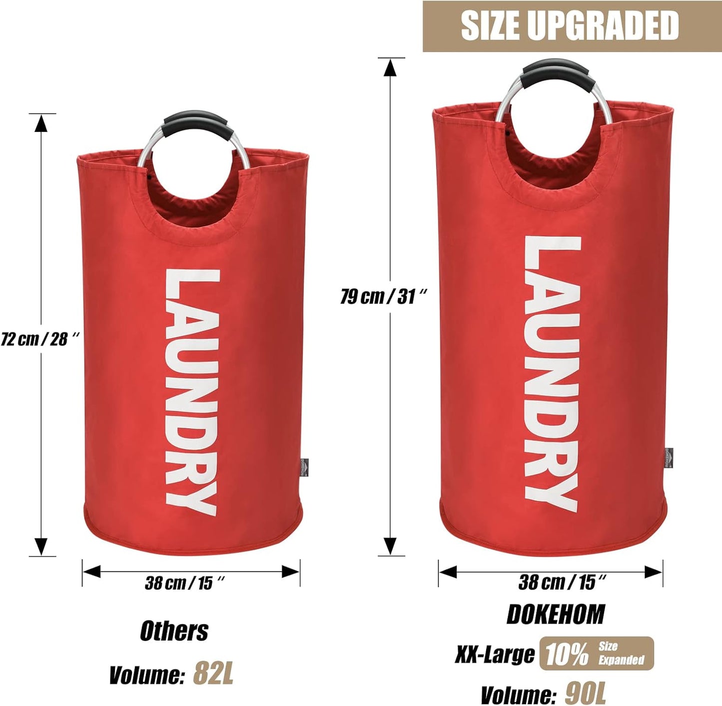 DOKEHOM 90L Large Laundry Basket, Collapsible Laundry Bag, Freestanding Tall Clothes Hamper, Foldable Washing Bin (Red)