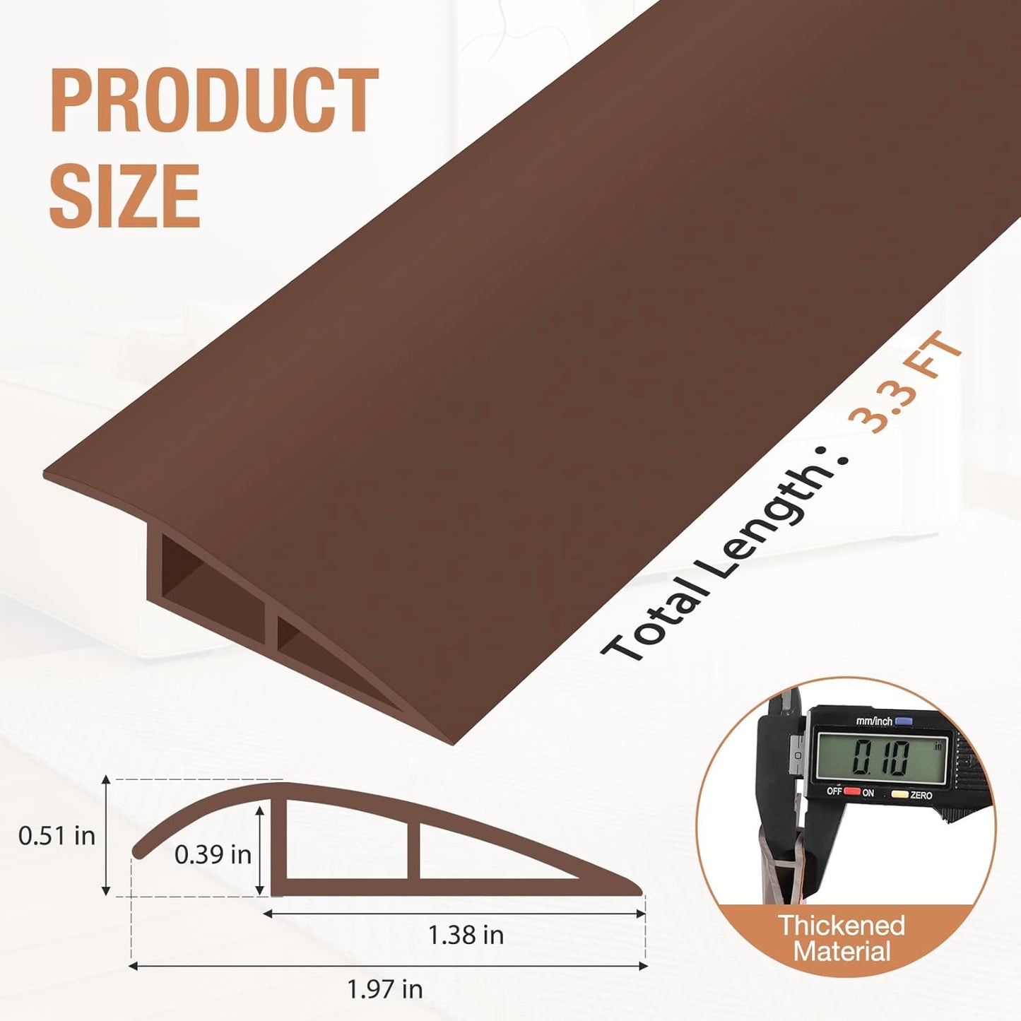 Floor Transition Strip Self Adhesive Vinyl Door Threshold for Doorways Carpet Edging Trim Overlap Edge Reducer for Laminate Floor, Carpet, Tile (Brown, 1/5" to 2/5", 3.3Ft)