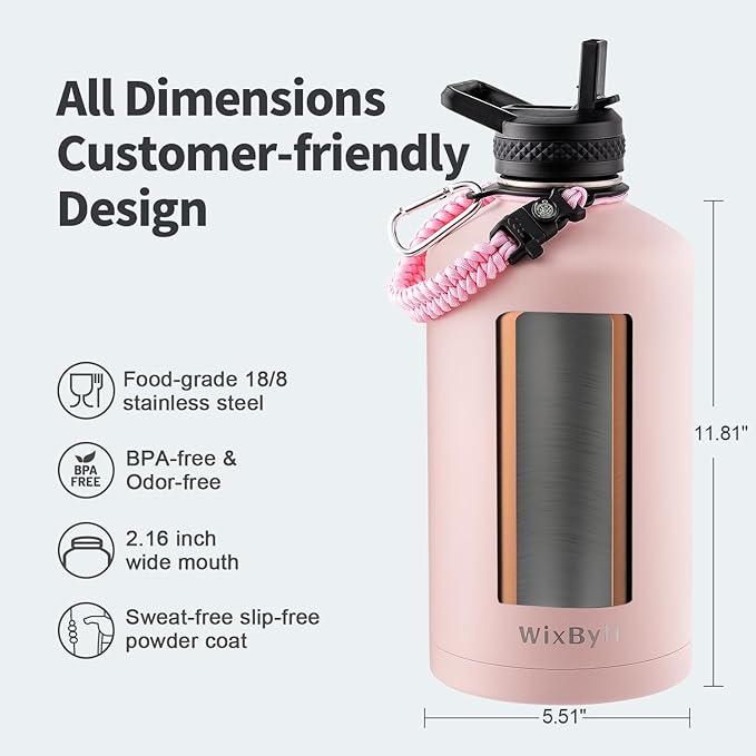 One Gallon Water Bottle Insulated, Triple Wall Vacuum Cold for 48 Hrs & Leak-proof & Non-BPA, 128oz Large Sports Stainless Steel Water Jug with Paracord Handle Straw Spout Lids & DIY Stickers