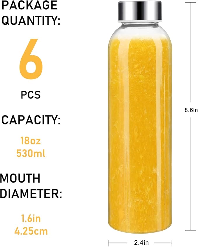 Sursip 18oz Glass Water Bottle Set of 6, Clear glass juice bottle for juicing，Reusable Drinking Bottles with Stainless Steel Lid，Beverage Storage Containers for Refrigerator-BPA Free，Leak Proof