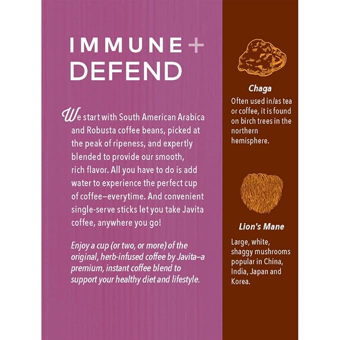 Mushroom Coffee by Javita, Immune & Defend Blend of Chaga, Lion's Mane and Dark Roast Coffee for Morning Boost, Antioxidant Support; Keto-friendly, 3 boxes of 24 (3.5g) Sticks, 72 ct