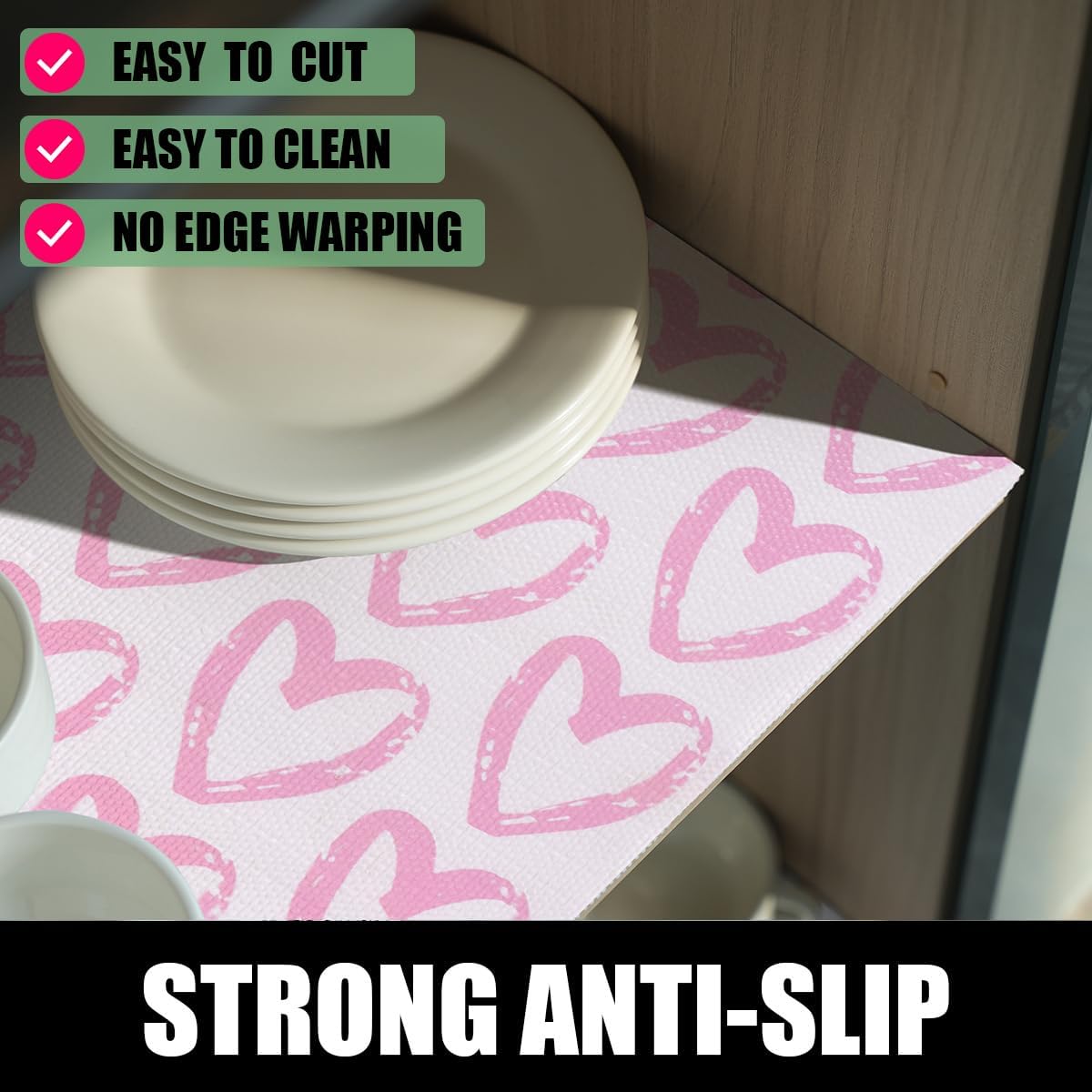 Heart Drawer Liner for Cabinets 16IN x 20FT,Shelf Liner Non-Adhesive and Strong Non-Slip Cabinet Drawer Liners for Kitchen,Table,Bookshelves,Waterproof Cupboard Liners,Pink