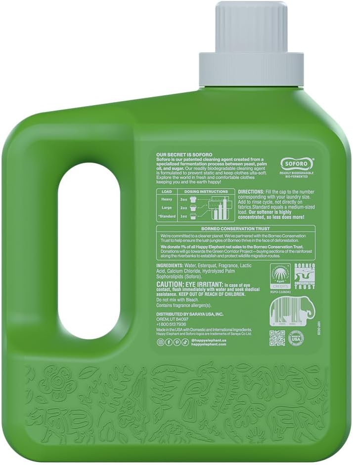 Happy Elephant Liquid Laundry Bundle, White Tea & Fig Scent, Natural Laundry Detergent & Fabric Softener, Plant Based, Stain Remover & Fabric Conditioner, Gentle on Skin, 64 Fl Oz Each, 2 Pack