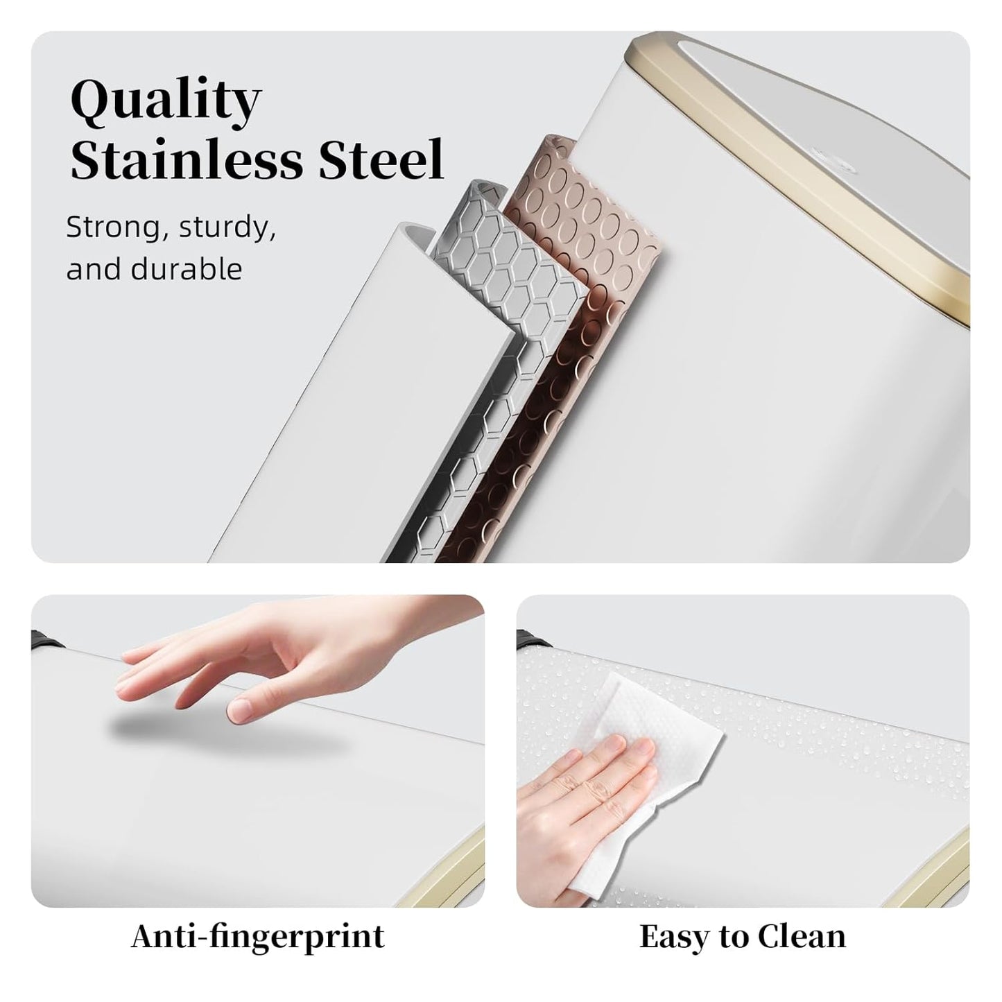 2.1 Gallon Bathroom Trash Can with Lid Press Top, 8 Liter Stainless Steel Garbage Can with Press Type Lid, Slim Trash Bin Waste Basket for Toilet, Office, Bedroom, Living Room (White)