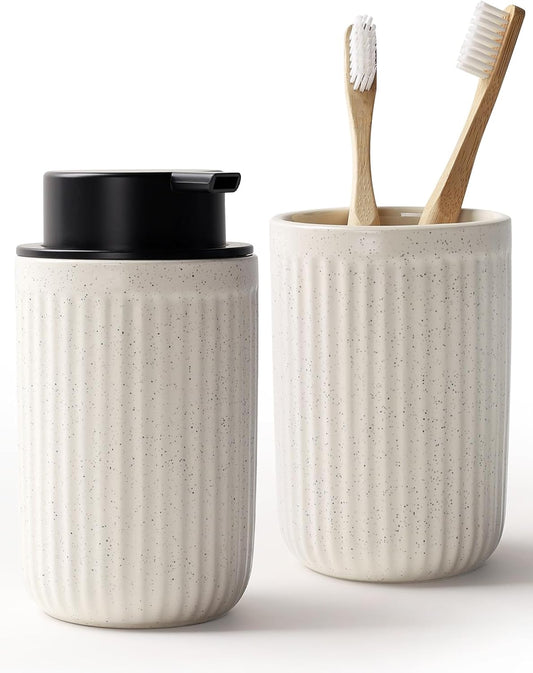 Bosilunlife Soap Dispenser and Toothbrush Holder Set - 11Oz Foam Soap Dispenser Pump Ceramic Bathroom Counter Soap Toothbrush Holder Set Beige Bathroom Accessories Set