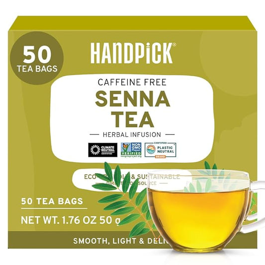 HANDPICK, Senna Tea Bags (50 Count) Non-GMO, Caffeine Free, Senna Leaves- Mild Taste | Premium Round Eco-conscious Tea Bags
