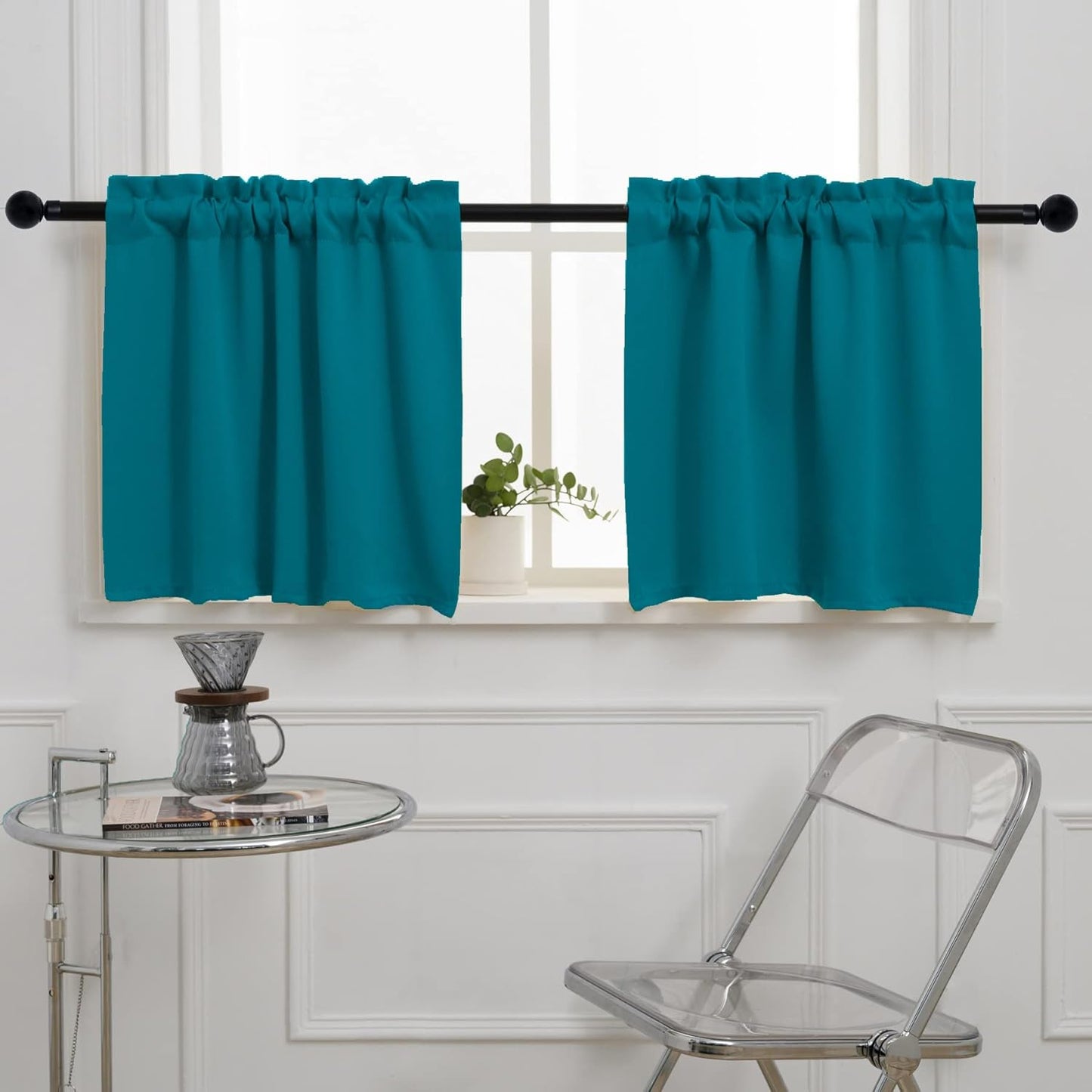 Pickluc Teal Cafe Curtain 30 Inches Length, Rod Pocket Small Kitchen Half Window Curtain, Short Blackout for Small Window, 30" Wide and 30" Long, 2 Panels
