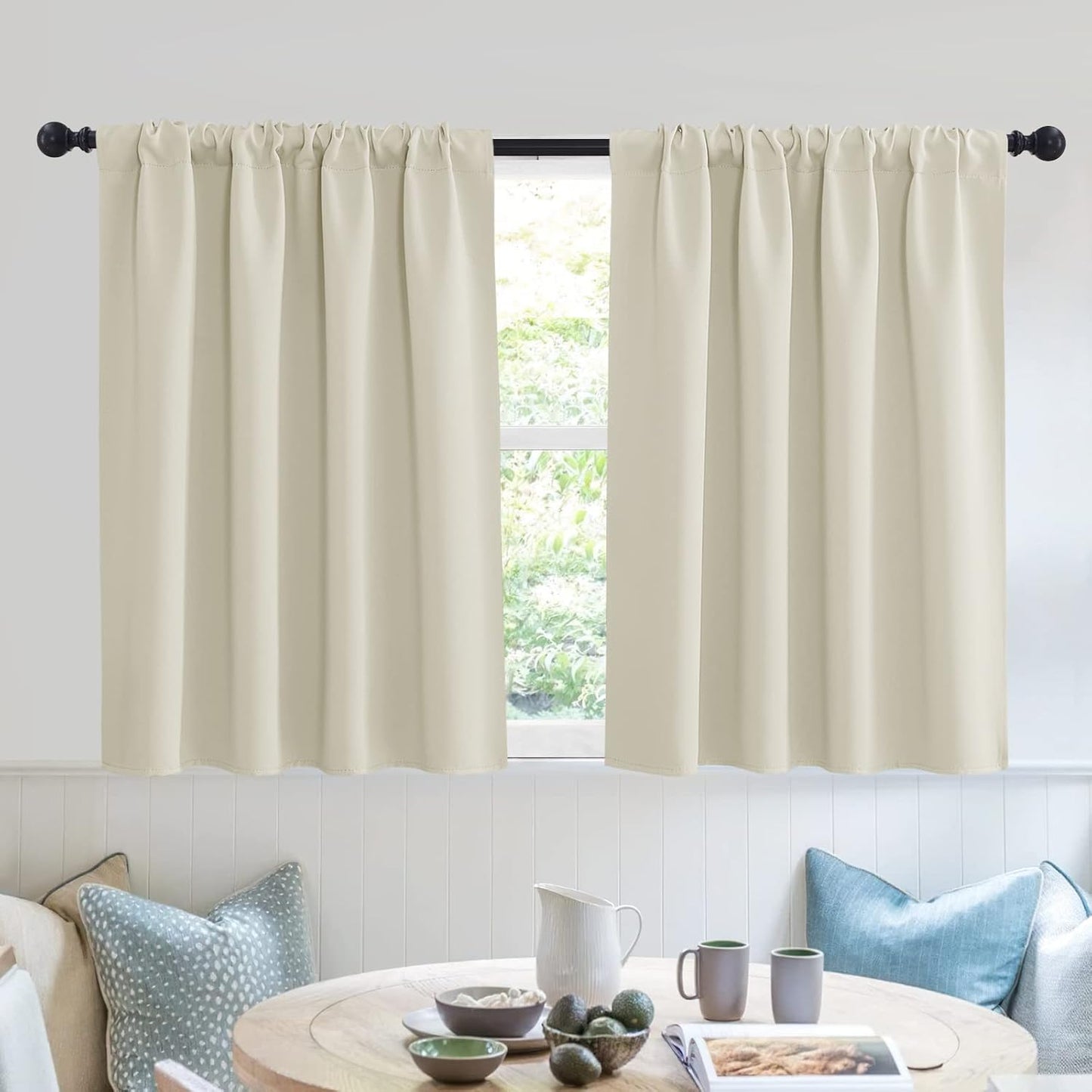 RYB HOME Short Curtains for Bedroom - Room Darkening Curtains Thermal Insulated Sunlight Block for Kitchen Cabinet Basement Bathroom Window Covering, W 52 x L 36, Beige, 2 Panels