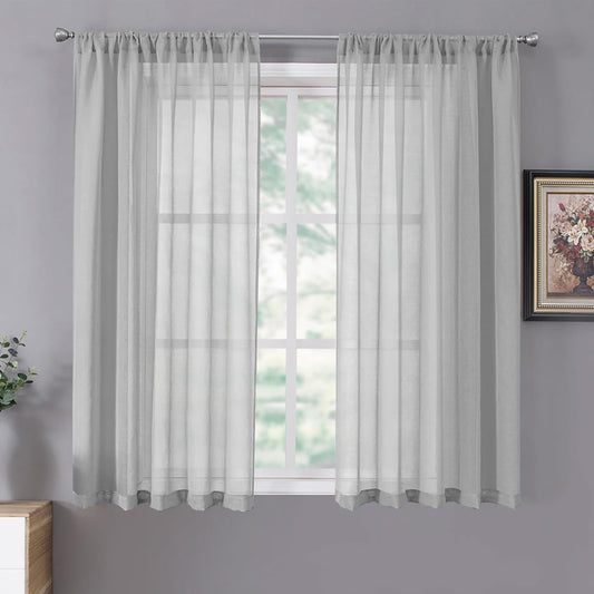 Tollpiz Short Sheer Curtain Linen Textured Living Room Curtains Sheer Light Filtering Rod Pocket Voile Curtain for Bedroom, 42 x 54 inches Long, Silver Grey, Set of 2 Panels