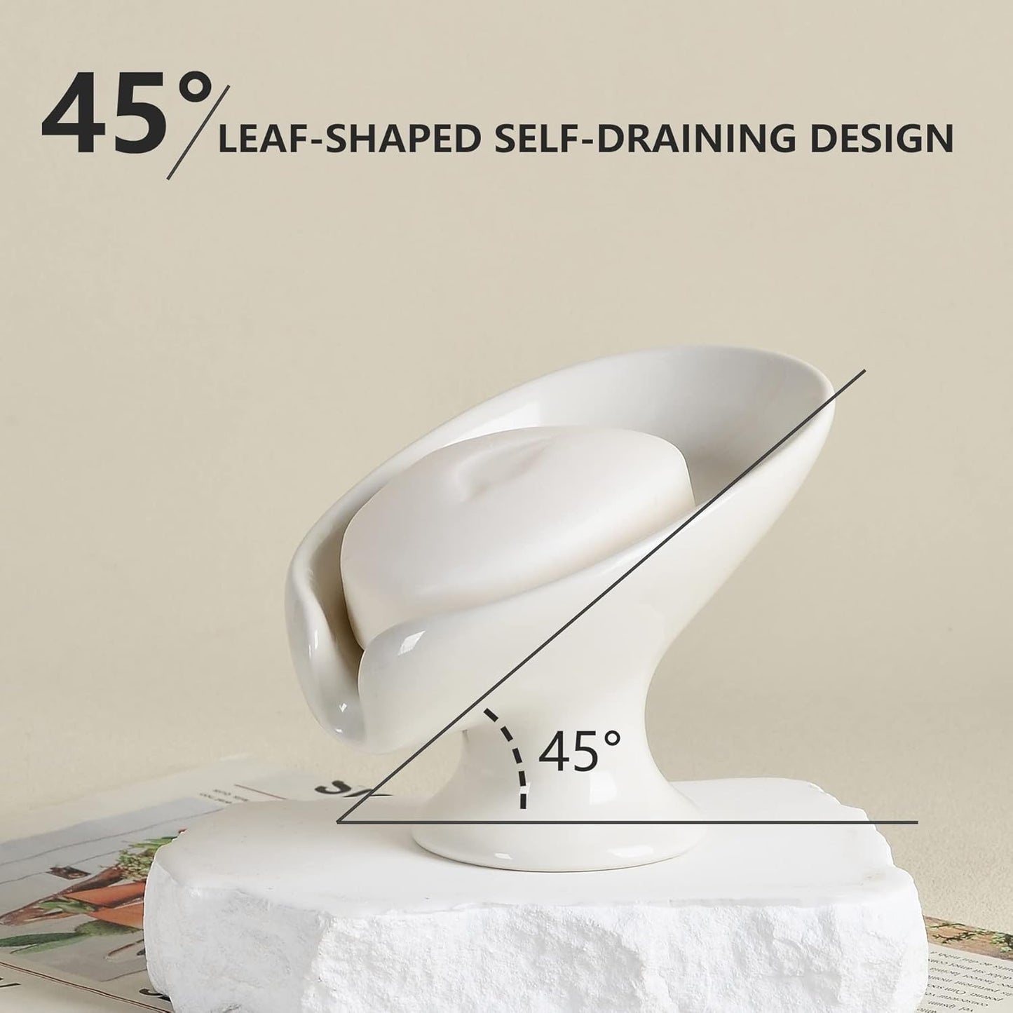 Soap Dish, Self Draining Bar Soap Holder for Bathroom Sink, Leaf-Shaped Drainage Ceramic Cream White Porcelain Decorative Soap Dish, ANTIS'S HOME