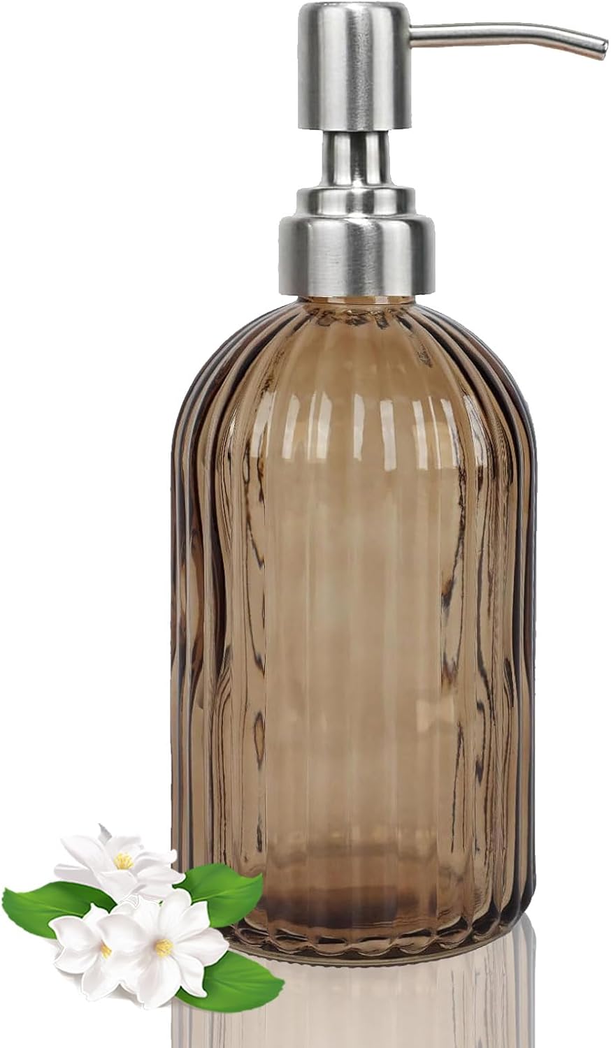 14Oz Brown Soap Dispenser Bathroom, Clear Glass Hand Soap Dispensers with Stainless Steel Pump, Refillable Dish Soap Dispenser for Kitchen, Countertop Soap Dispensers