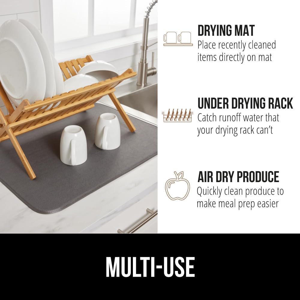 GORILLA GRIP Ultra Water Absorbent Microfiber Dish Drying Mat, 18x24, Quick Dry Thick Mesh, Slip Resistant Pad for Sink Dishes or Under Rack, Kitchen Counter Accessories, Machine Wash Mats, Gray