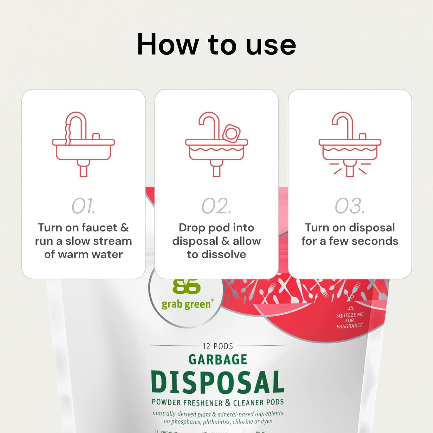 Grab Green Garbage Disposal Freshener and Cleaner Pods, 12 Count, Thyme with Fig Leaf Scent, Plant and Mineral Based, Removes Odors, Loosens Grime, Prevents Clogging