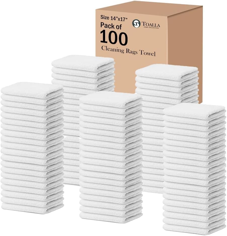 100% Cotton Terry Towel Cleaning Rags Pearl White 14'x17'|Pack of 100|Soft Large Cleaning Rags|Super Absorbent|Quick Dry|Multipurpose Towels|Restaurant Towels|Reusable Shop Rags