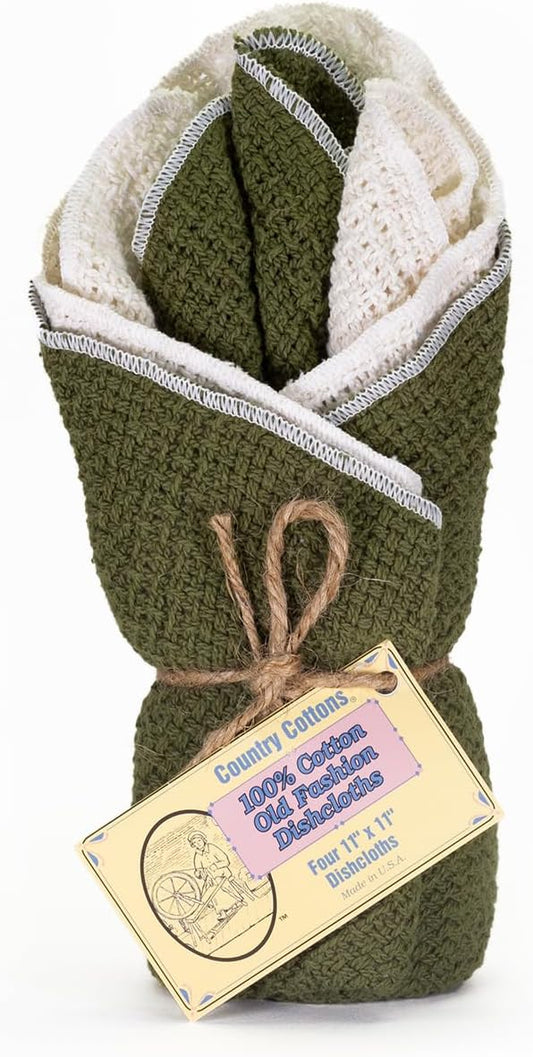 Old Fashion 100% Cotton Dishcloths - Set of 4 Mixed Colors - 2 Sage/2 Natural -11" x 11"