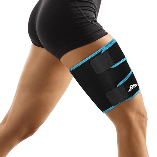 supregear Thigh Wraps Support, Adjustable Compression Neoprene Thigh Sleeve Hamstring Quad Wrap Upper Leg Brace for Women Men Pulled Groin Muscle, Quadriceps, Black + Blue, XL
