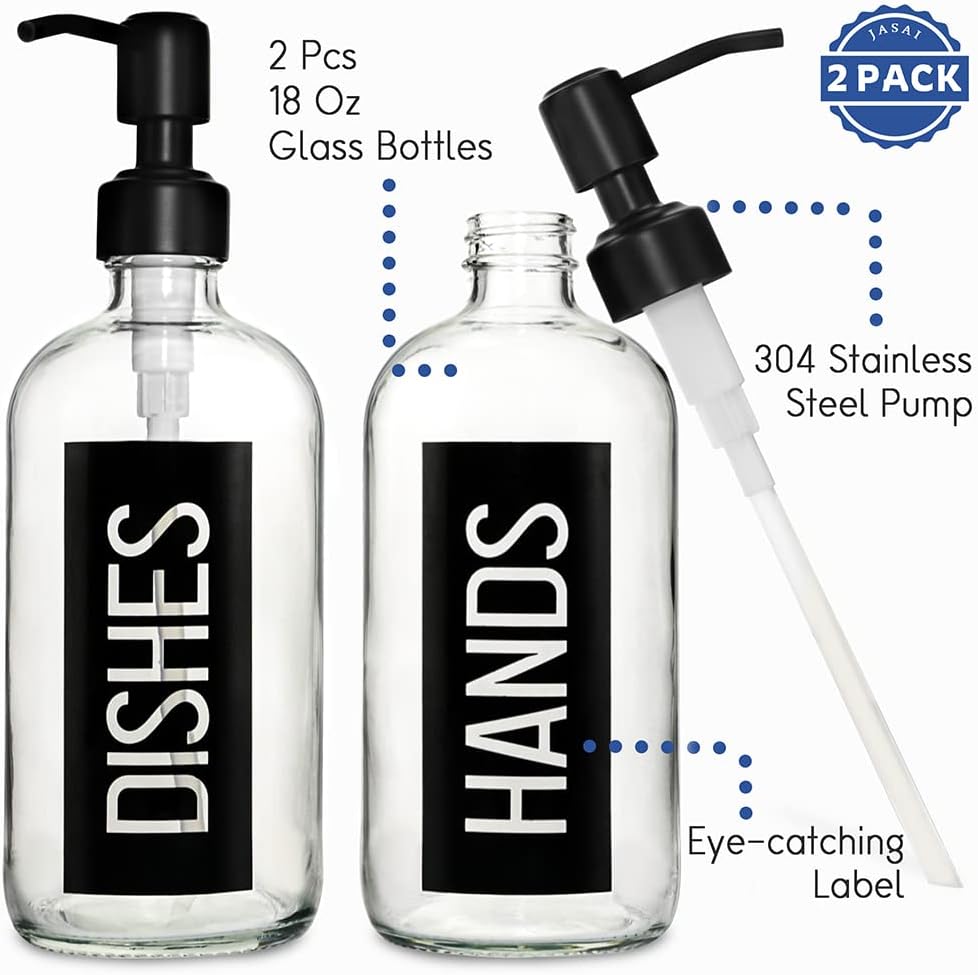 JASAI 2Pack 18OZ Glass Soap Dispenser, Black Stainless Steel Pump, Kitchen Dispenser with Classy Label, Refillable for Dishes