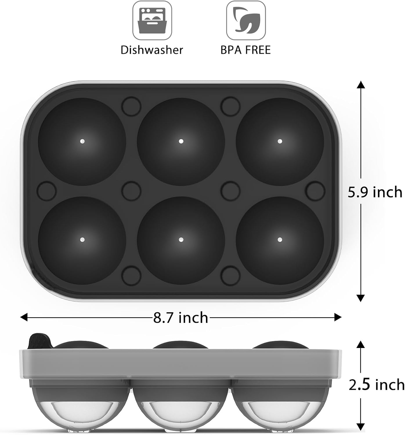 2.5inch Spherical Ice Ball Tray For Whiskey, Big Ice Freezer Mold for Cocktails，Easy Fill In & Release Ice Cube Mold, Durable &Reusable Spherical Ice Maker (Black)