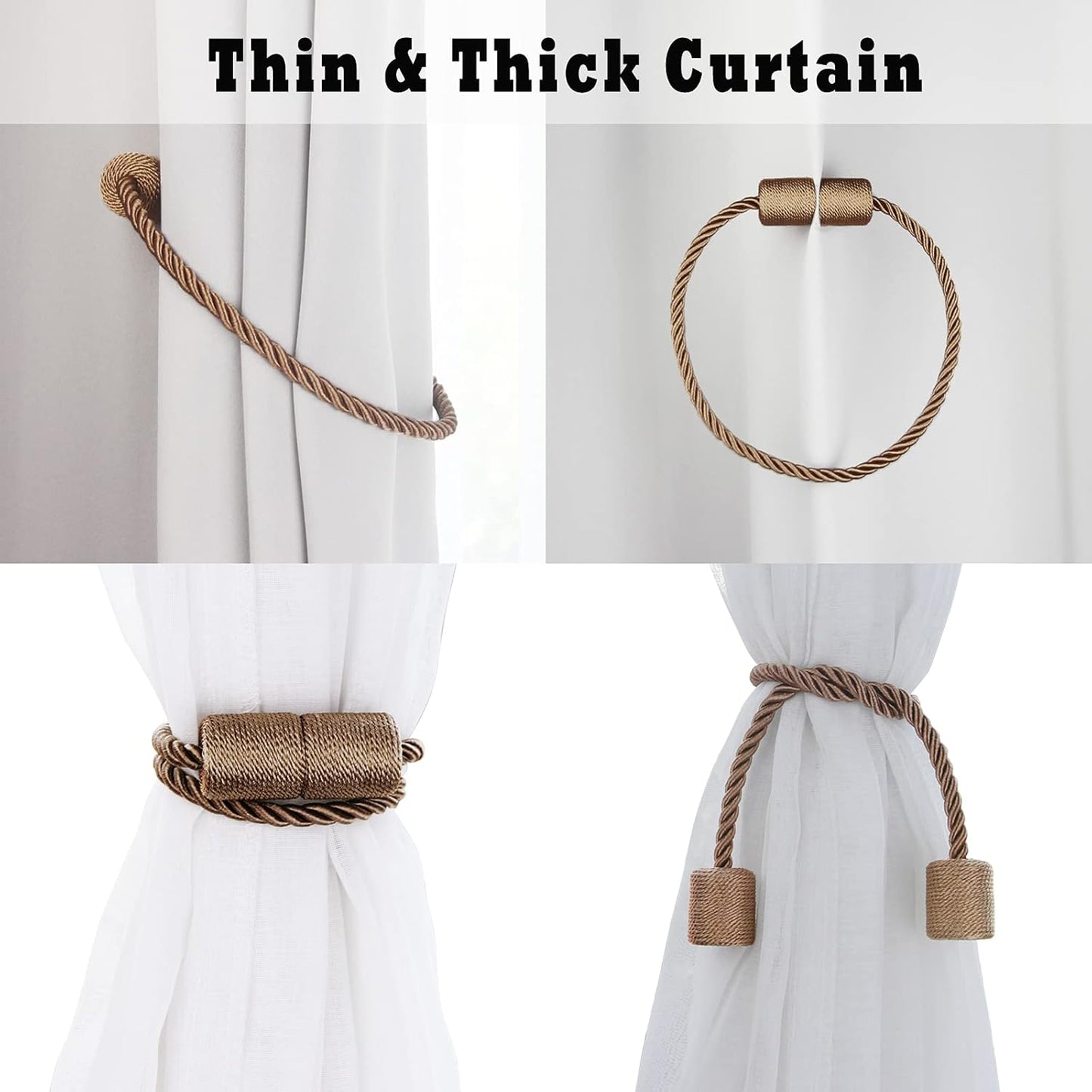 6 Pack Khaki Strong Magnetic Curtain Tiebacks Outdoor Elegant Decorative Tie Backs Modern Rope Tiebacks for Drapes Window Curtain Holdbacks for Draperies