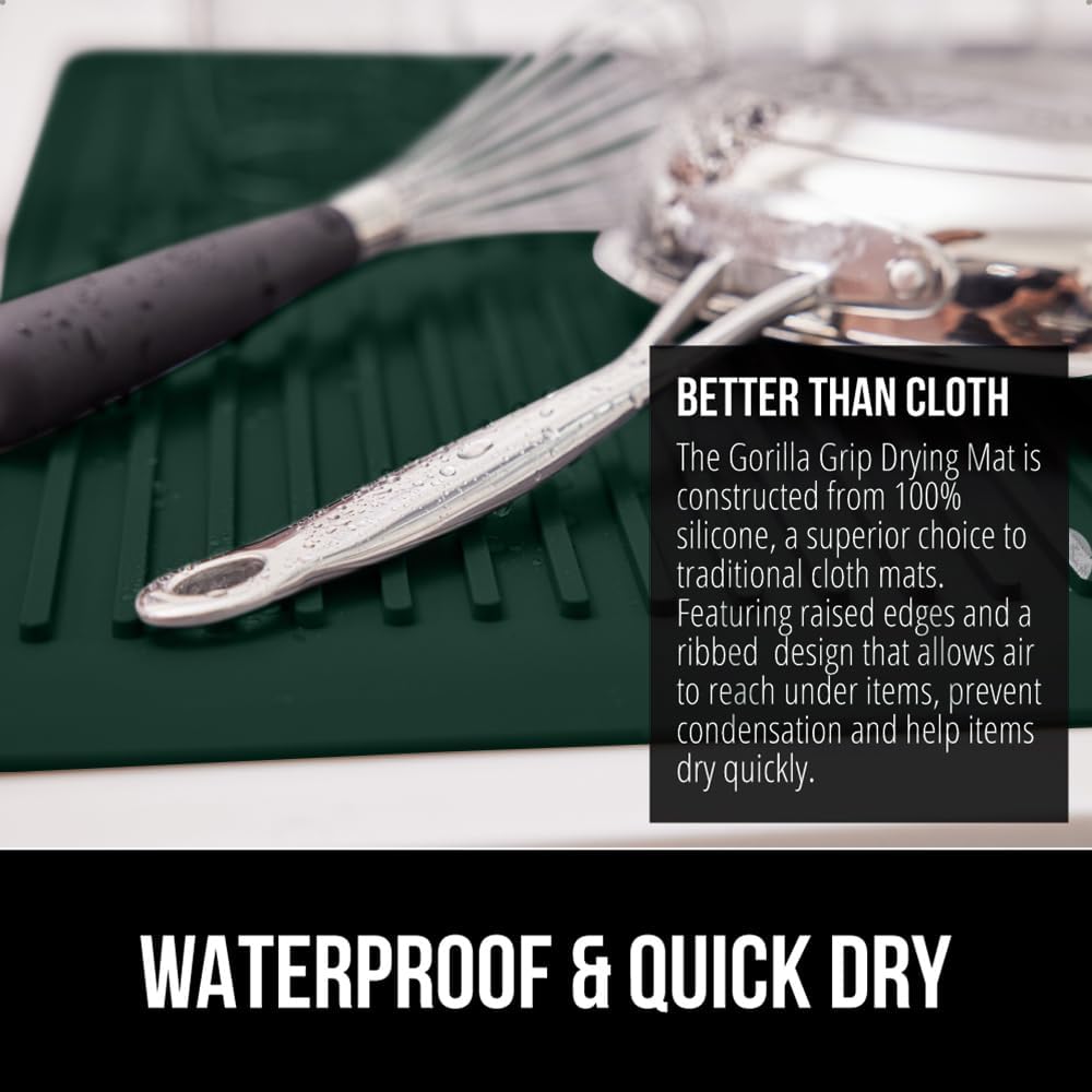 GORILLA GRIP 100% BPA-Free Silicone Dish Drying Mat for Kitchen Counter, 18x16, Quick Dry, Water Catching Ribbed Design, Easy Clean Waterproof Sink Liner, Heat Resistant, Fits Under Rack, Hunter Green