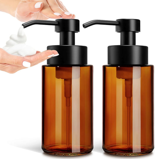 GMISUN Glass Foaming Soap Dispenser, 10 Fl oz / 300ml Amber Glass Soap Dispenser for Bathroom & Kitchen, 2 Pack Modern Refillable Foam Hand Soap Dispensers, Bathroom Hand Soap Dispensers with Labels