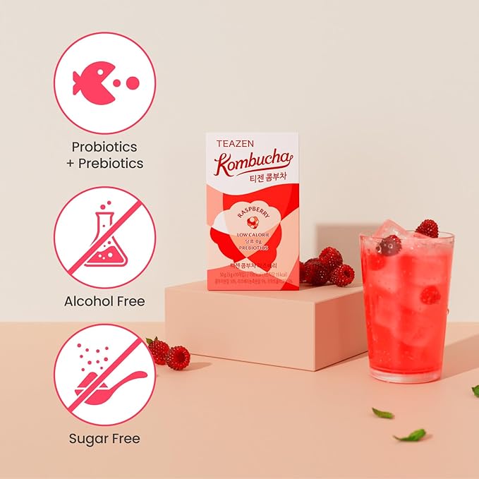 TEAZEN Raspberry Kombucha Tea, Hydration Drink Mix, Sugar Free, Live Probiotics & Prebiotics, 10 Sticks, 1.76oz