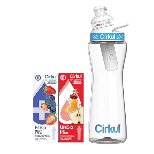 Cirkul 22oz. BPA-Free Plastic Water Bottle Starter Kit with Blue Lid, 2 Flavor Cartridges (1 LifeSip Fruit Punch, 1 FitSip Mixed Berry) No Sugar, Zero Calorie Drink Mix