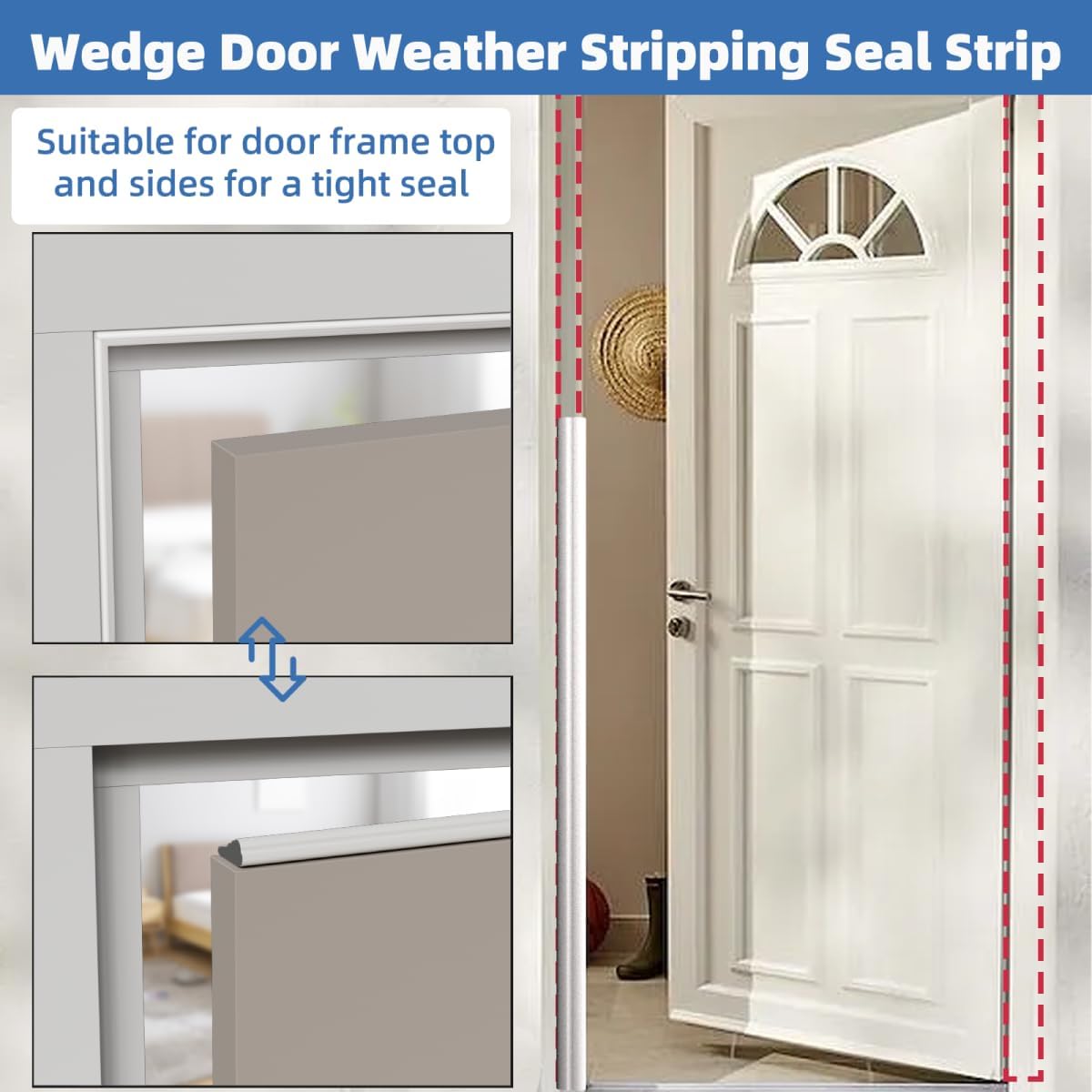 Wedge-Shape Window Weather Stripping Door Frame Seal Strip 3Pcs×196" White,Upgrade Black Foam,Soundproofing,Draft Stopper,Winter Insulation,Noise Blocker, Gap Filler for Exterior Front Door Side